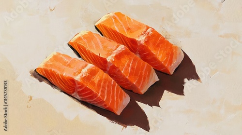 Freshly cut salmon fillet slices displayed on a neutral background for culinary or health-related concepts photo