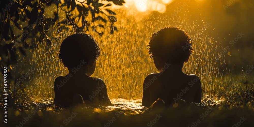 Obraz premium Golden Hour Children Sunset Shower Play Water Fun
