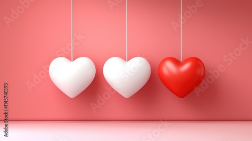 Colorful Hanging Hearts on a Pink Background for Romantic Themes