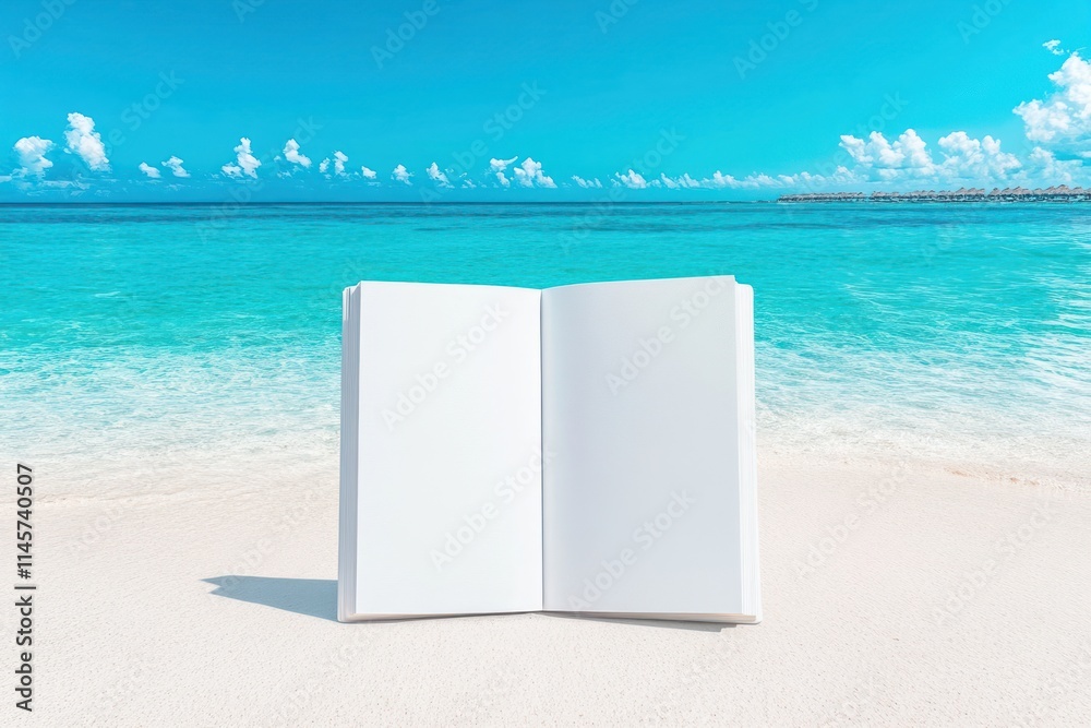 Blank Book Mockup on Serene Beach with Turquoise Water and Blue Sky Blank Book Mockup on Serene Beach with Turquoise Water and Blue Sky