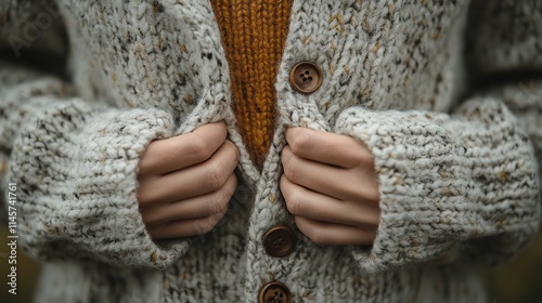 Close-up of a person's hands holding a warm wool jersey with buttons.