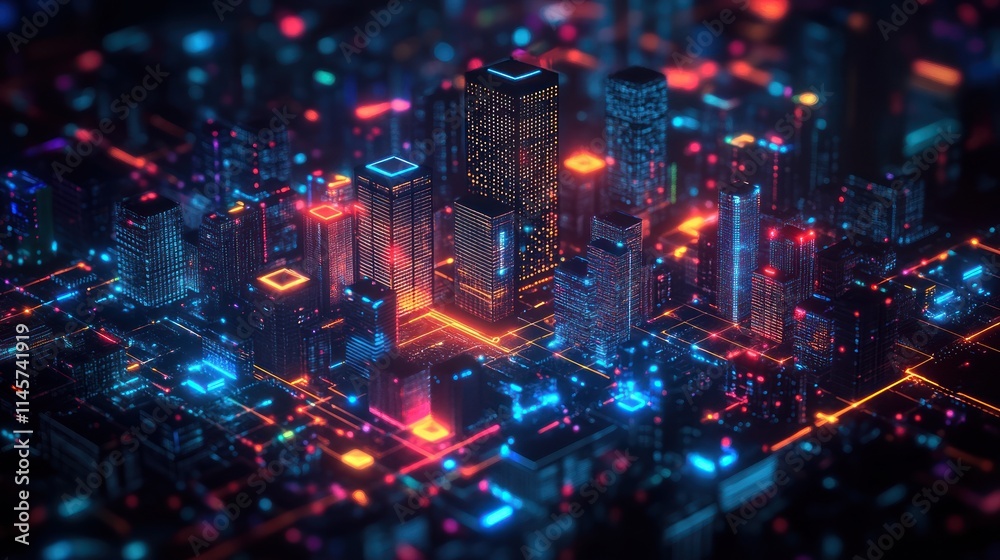 Fototapeta premium Futuristic cityscape with neon lights and technology.