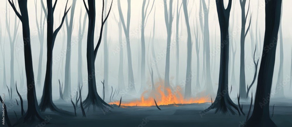 Naklejka premium Desolate landscape of a burned forest with smoke in the air and glowing embers amidst tall, charred trees creating a haunting atmosphere