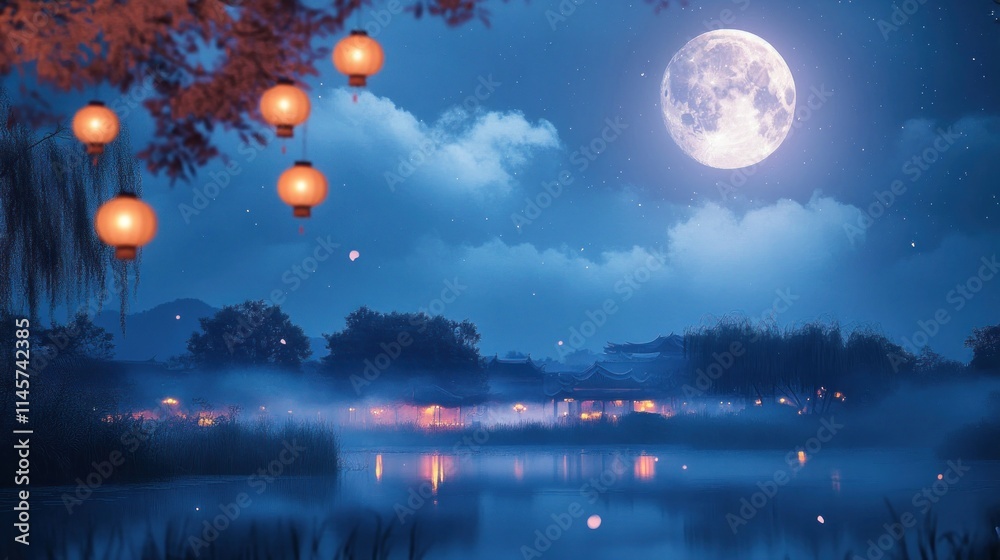 Naklejka premium Serene Night Scene with Lanterns and Full Moon Over Water
