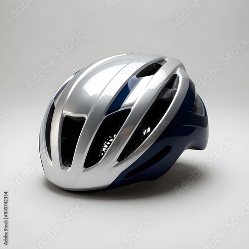 Sleek Silver and Navy Blue Bicycle Helmet: Modern Design for Cycling Safety photo