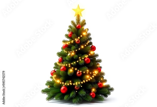 Decorated Christmas Tree with Lights and Ornaments on White Background
