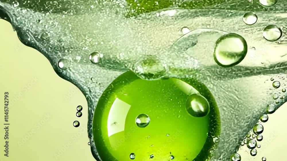 Bubbles rise around a green ball submerged in sparkling liquid under diffused light