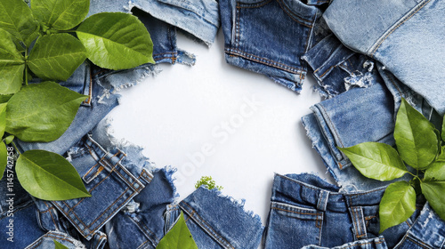 Recycled denim pieces arranged with green leaves, symbolizing sustainability and eco friendliness. This creative concept highlights importance of recycling in fashion photo