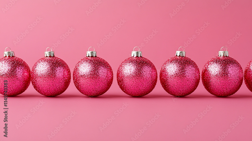 A row of delicate pink baubles arranged neatly on a soft pink background, adding a touch of elegance to the festive season. A row of delicate pink baubles arranged neatly on a soft pink background, adding a touch of elegance to the festive season.