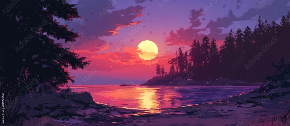 Fototapeta premium Vibrant purple sunset reflecting on tranquil shore with silhouetted trees creating a serene coastal landscape atmosphere