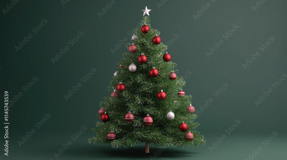 Festively Decorated Christmas Tree with Red and Silver Ornaments Against a Dark Green Background Festively Decorated Christmas Tree with Red and Silver Ornaments Against a Dark Green Background