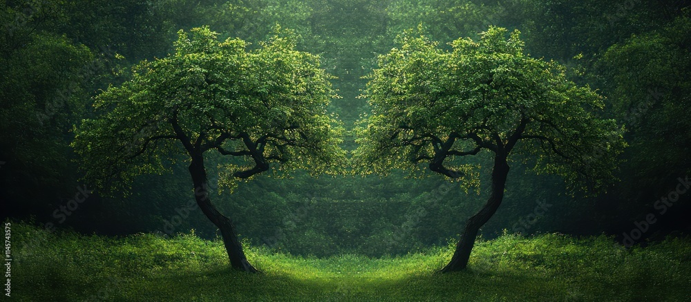 Fototapeta premium Two symmetrical trees in a serene, lush green landscape, evoking calmness and nature's beauty.