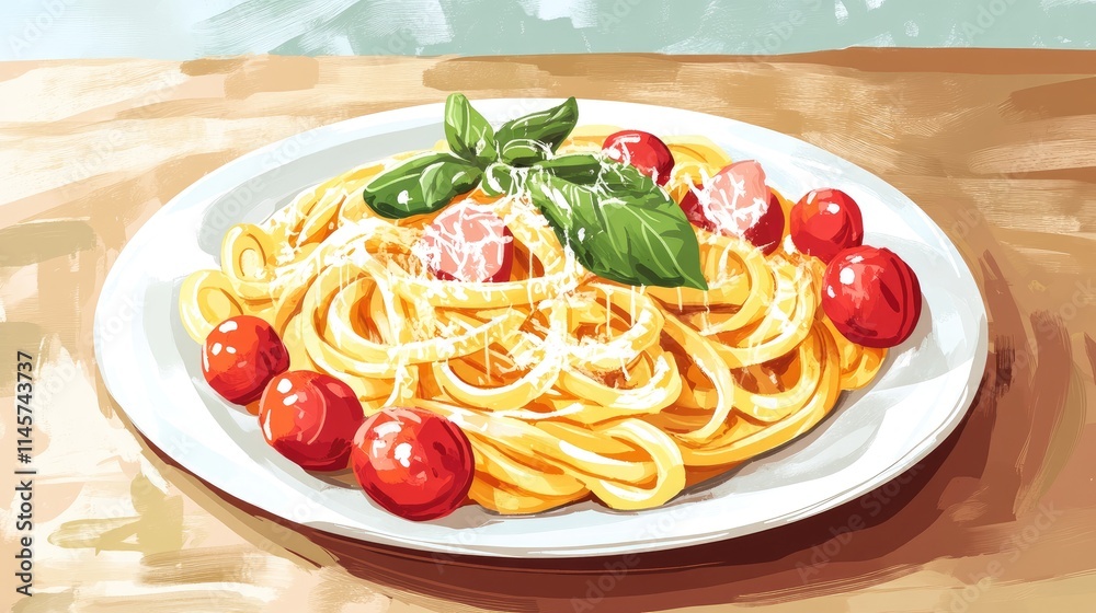 Creamy Fettuccine Carbonara with Ham Parmesan and Cherry Tomatoes Garnished with Fresh Basil on a Ceramic Plate Creamy Fettuccine Carbonara with Ham Parmesan and Cherry Tomatoes Garnished with Fresh Basil on a Ceramic Plate