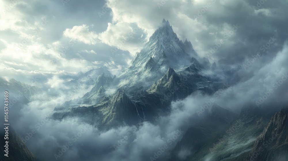 Fototapeta premium Majestic mountain landscape under a dramatic cloudy sky showcasing nature's beauty and tranquility in a serene environment