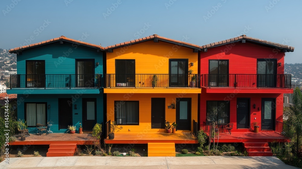 Colorful row of modern houses with balconies. Colorful row of modern houses with balconies.