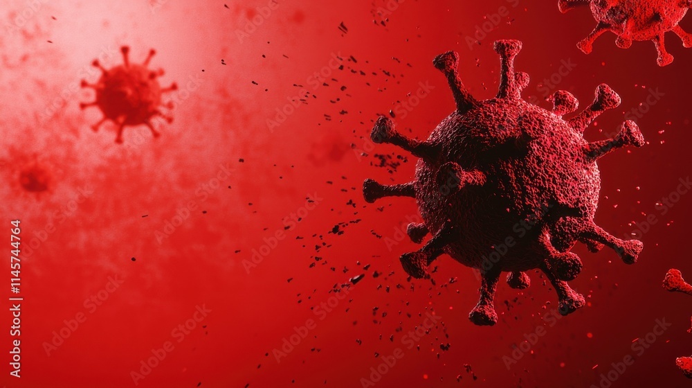 Detailed Close-Up of Norovirus in Red, Depicting Viral Structure and Surrounding Particles Detailed Close-Up of Norovirus in Red, Depicting Viral Structure and Surrounding Particles
