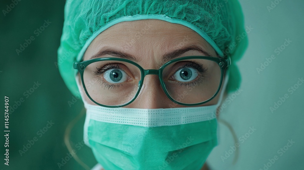 Medical Professional Wearing Protective Gear with Green Cap and Mask Showing Concern and Alertness Medical Professional Wearing Protective Gear with Green Cap and Mask Showing Concern and Alertness