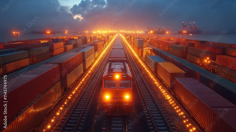 Obraz premium Train at a container yard during sunset.