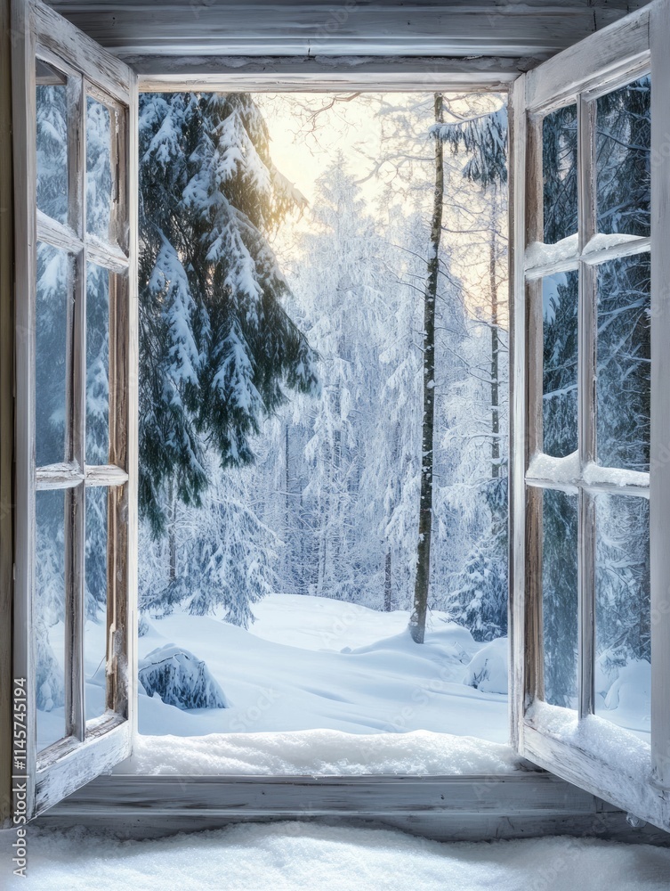 Obraz premium Winter Wonderland Viewed From a Rustic Window