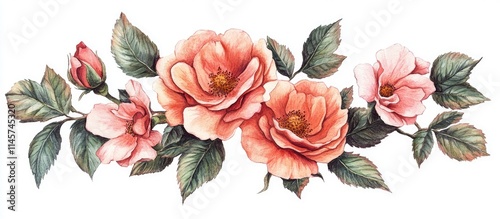 Delicate watercolor roses with leaves on a white background ideal for elegant greeting cards and floral designs