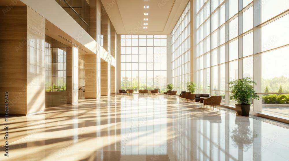 A beautiful modern spacious office hall with panoramic windows and a perspective in natural beige and brown tones