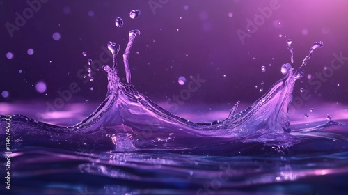 Vibrant purple water splash background with dynamic droplets and soft bokeh effects for creative and artistic designs