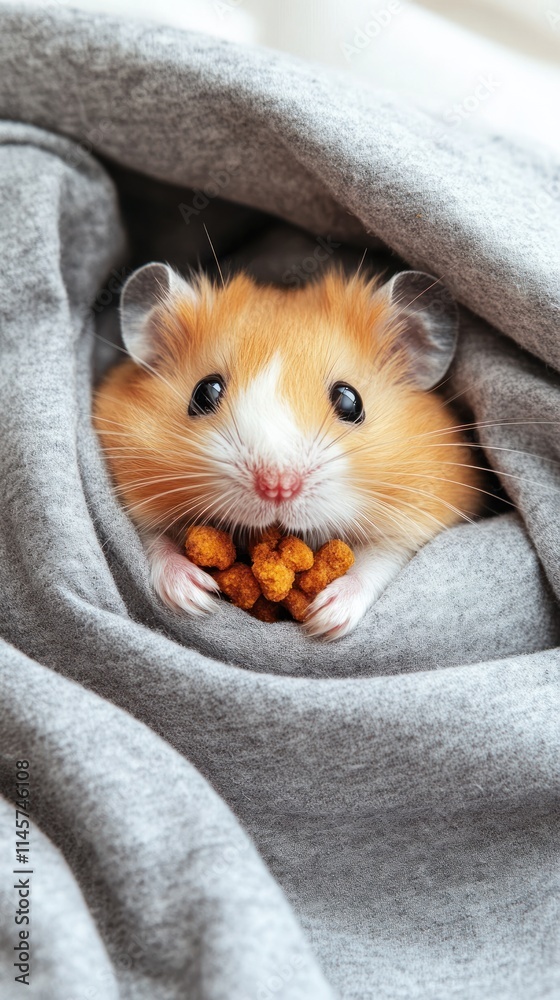 A cute hamster nestled in a gray sweater, holding snacks in its paws. A cute hamster nestled in a gray sweater, holding snacks in its paws.