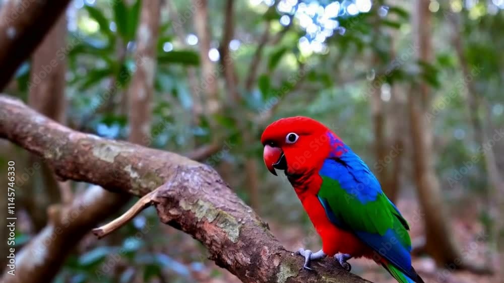 Crimson Rosella high resolution cinematic slow motion nature bird video, Australia Crimson Rosella in tree zoom in