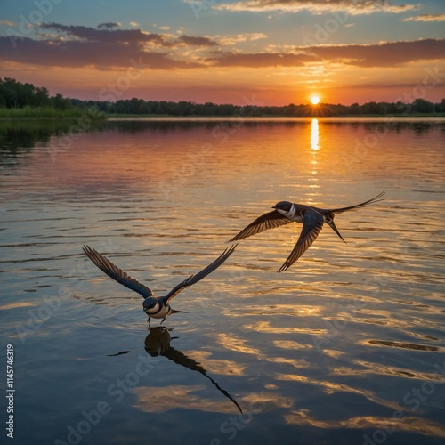 A swallow soaring above a tranquil lake reflecting a colorful sunset.