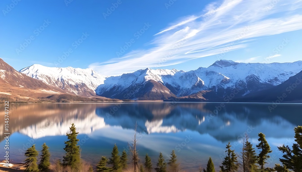 Majestic snow capped mountains reflected in a tranquil lake Majestic snow capped mountains reflected in a tranquil lake
