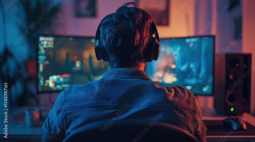 Caucasian brunette guy in headphones playing video game on his computer Caucasian brunette guy in headphones playing video game on his computer