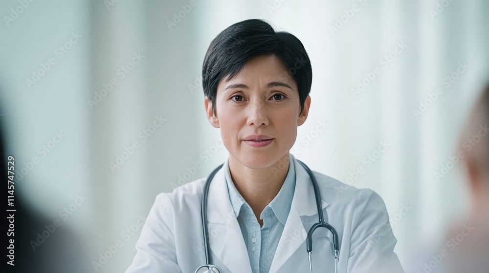 A healthcare professional in a white coat with a stethoscope, displaying a calm demeanor and engaging in a conversation. A healthcare professional in a white coat with a stethoscope, displaying a calm demeanor and engaging in a conversation.