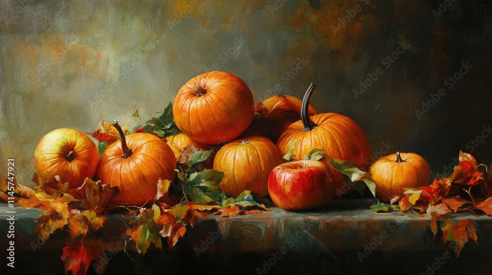 Autumn still life featuring vibrant pumpkins and apples on a rustic table adorned with colorful fall leaves and warm lighting. Autumn still life featuring vibrant pumpkins and apples on a rustic table adorned with colorful fall leaves and warm lighting.