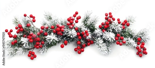 Snowy red berries and evergreen branches creating a festive Christmas decor against a crisp white background for holiday spirit.