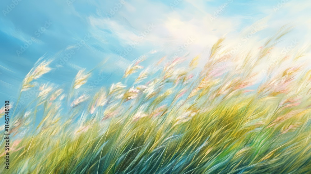 Swaying meadows grasses in the wind against a bright blue sky creating a serene and tranquil blurred background effect Swaying meadows grasses in the wind against a bright blue sky creating a serene and tranquil blurred background effect