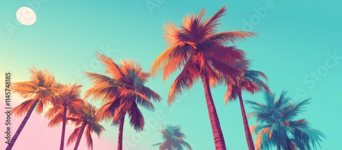 Vibrant palm trees silhouetted against a bright sunny sky with pastel hues creating a tropical atmosphere and serene beach vibe