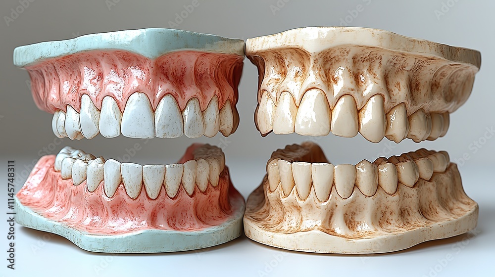 Comparing a tooth denture model before and after cleaning, showcasing results for dental hygiene and whitening. Comparing a tooth denture model before and after cleaning, showcasing results for dental hygiene and whitening.