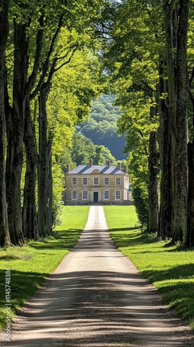 A picturesque driveway lined with trees leading to a charming house in a lush green landscape.