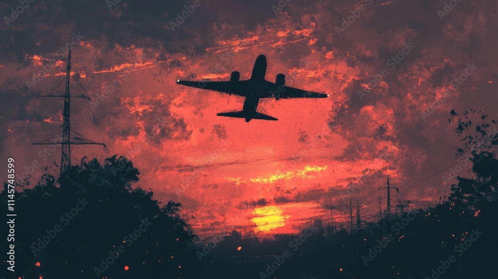 Fototapeta premium Silhouette of an airplane flying against a dramatic sunset sky with vibrant colors and textured clouds in a mixed media style