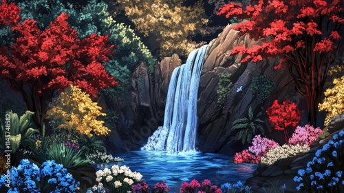 Colorful waterfall surrounded by vibrant foliage and flowers in a serene natural setting capturing the beauty of nature's tranquility.