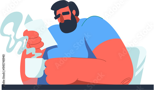 Hand-drawn fat bearded guy illustration. Obesity cartoon character in flat vector style.