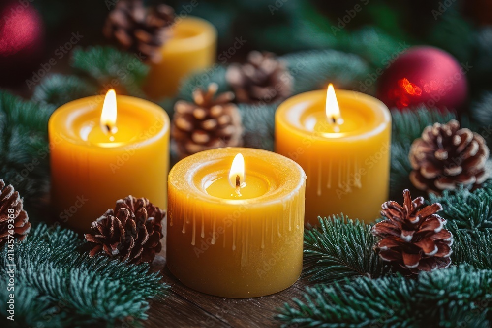 A cozy arrangement of lit candles surrounded by pinecones and greenery for a festive atmosphere.