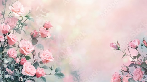 Pink roses in a soft pastel background creating a romantic and delicate floral design ideal for invitations and greeting cards