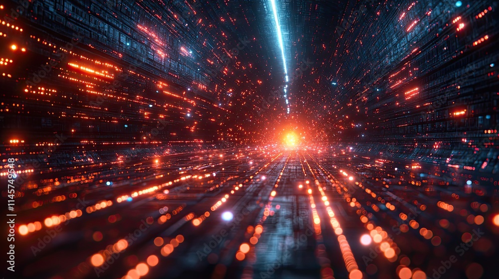 Fototapeta premium Cyber space and speed of light with neon circuit symbolize a futuristic computer server, cloud computing, IT innovation, technology, fast connection, motherboard system, and hardware.