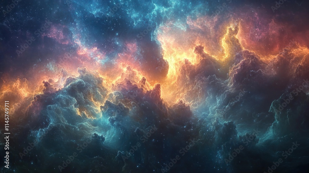 A vibrant cosmic scene showcasing colorful clouds and stars in a nebula-like formation. A vibrant cosmic scene showcasing colorful clouds and stars in a nebula-like formation.