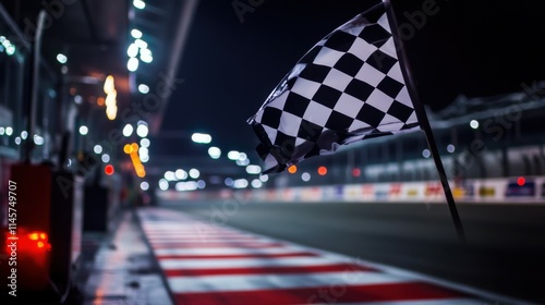 The checkered flag of the Formula 1 flagship flutters before the night race under the illumination of floodlights and headlights. Perfect for motorsport promotions and race event photo