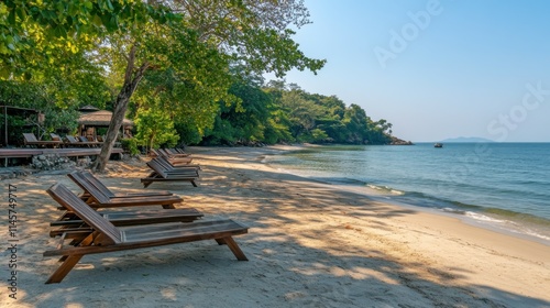 Sun loungers at front beach on sunny day while summer holiday season of Thailand