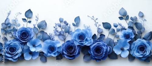 Fototapeta Naklejka Na Ścianę i Meble -  Elegant arrangement of blue roses and leaves on a white background for floral design or decoration concepts