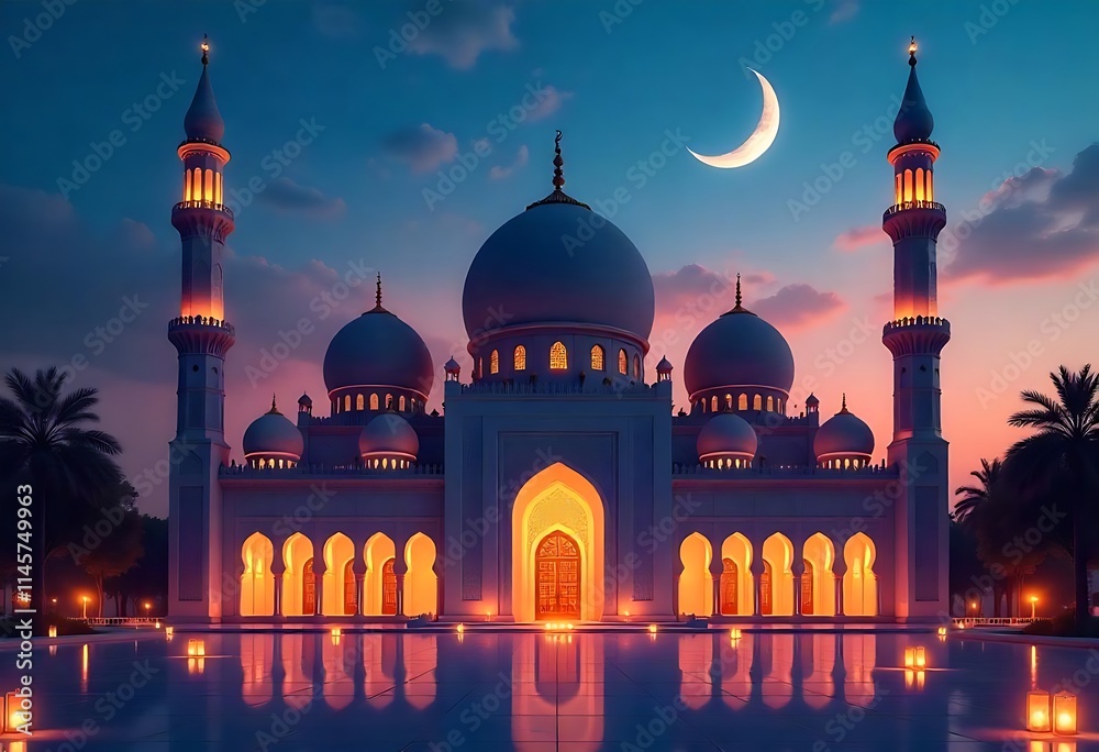 Fototapeta premium Illuminated Mosque at Night with Crescent Moon