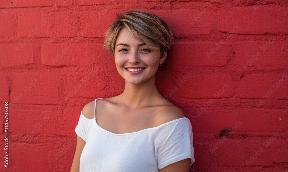 A young short hair Caucasian woman with a radiant smile stands confidently against a textured red brick wall, illuminated by warm light. A young short hair Caucasian woman with a radiant smile stands confidently against a textured red brick wall, illuminated by warm light.